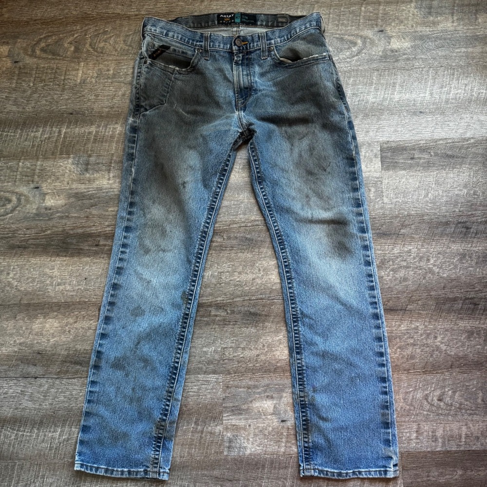 Ariat Rebar M7 Slim Straight Leg Jeans 35x33 Distressed Blue Denim Workwear